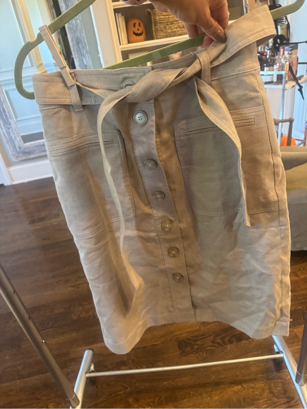 J. Crew Beige Button-Front Tie-Waist Linen Blend Skirt